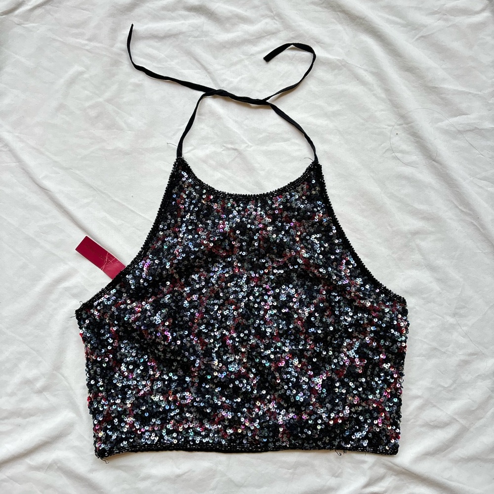 NEW WITH TAGS Emma Black Silk embellished Sequin Halter Crop Top Cami tank top